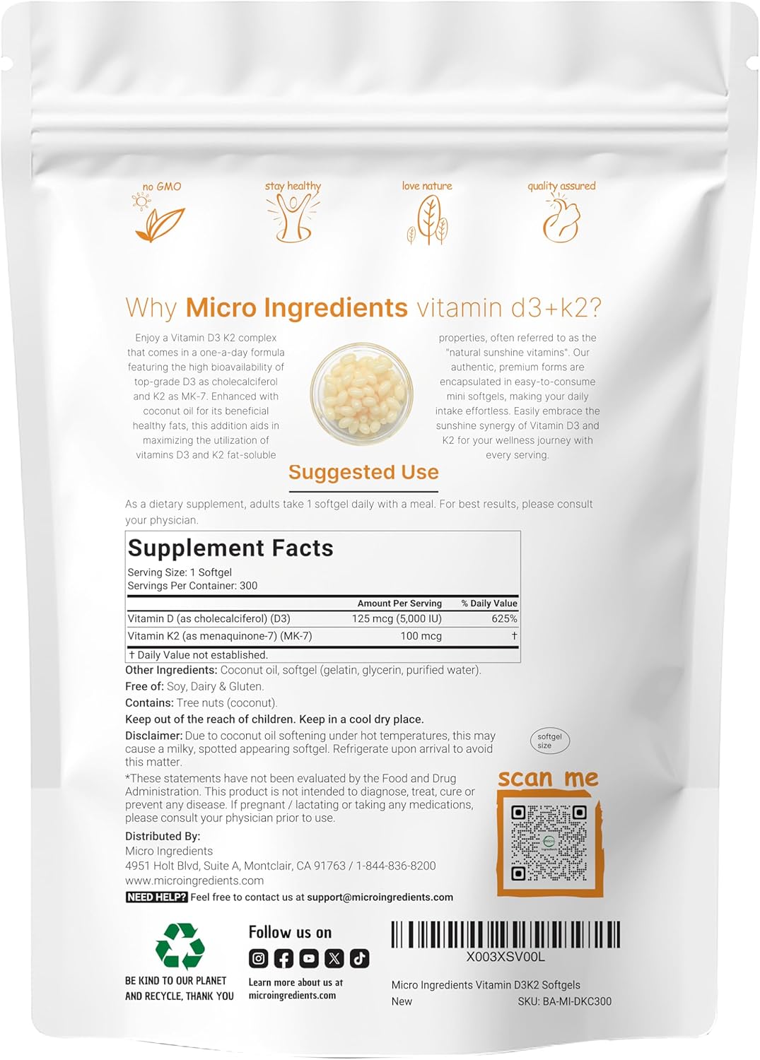 COMBO: Micro Ingredients Vitamina D3+K2 300 cápsulas blandas + Colágeno en Polvo 1 LB