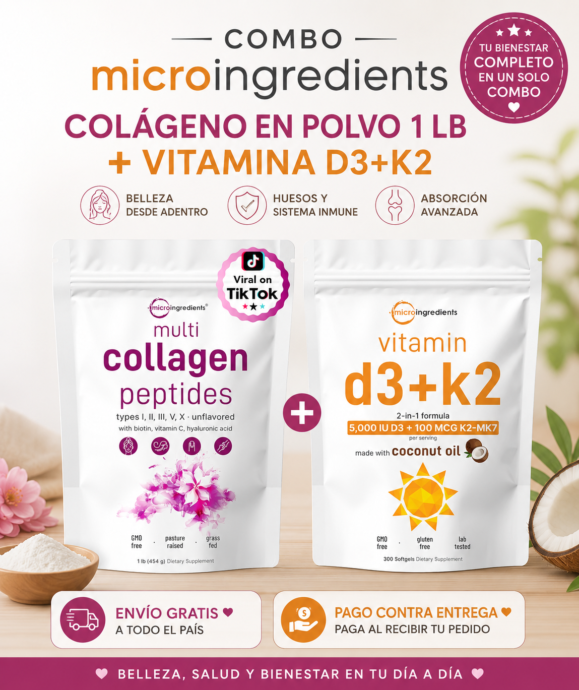 COMBO: Micro Ingredients Vitamina D3+K2 300 cápsulas blandas + Colágeno en Polvo 1 LB