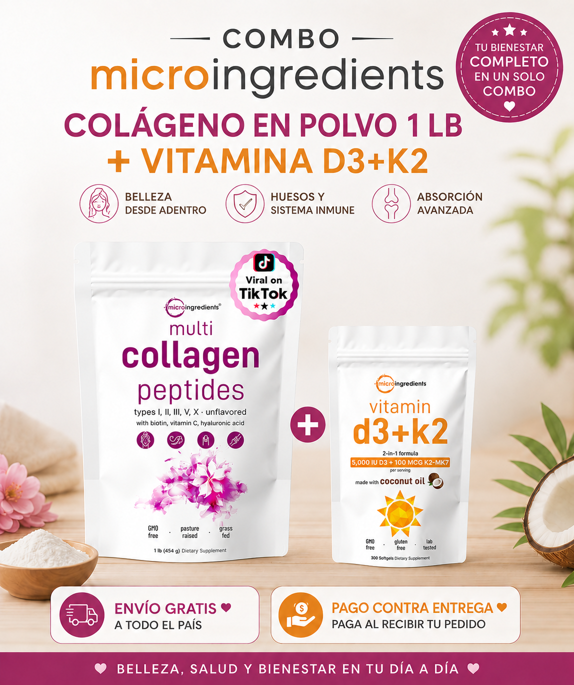 COMBO: Micro Ingredients Vitamina D3+K2 300 cápsulas blandas + Colágeno en Polvo 1 LB