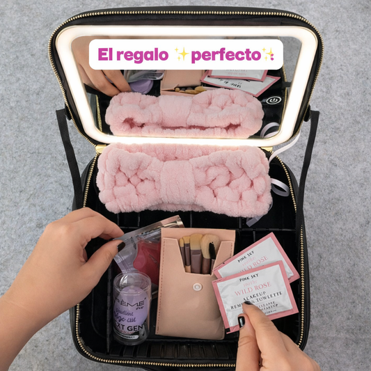 Estuche para Maquillaje Con Espejo Luz LED+ Set Esencial de Belleza INCLUIDO