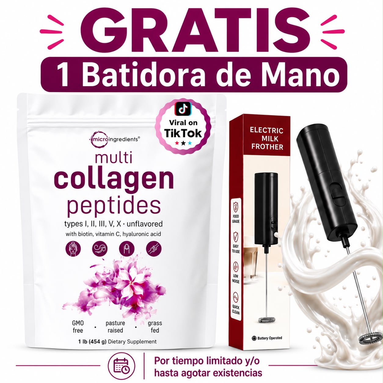 Colágeno en polvo Péptidos Hidrolizado MicroIngredients+ Batidora de mano GRATIS