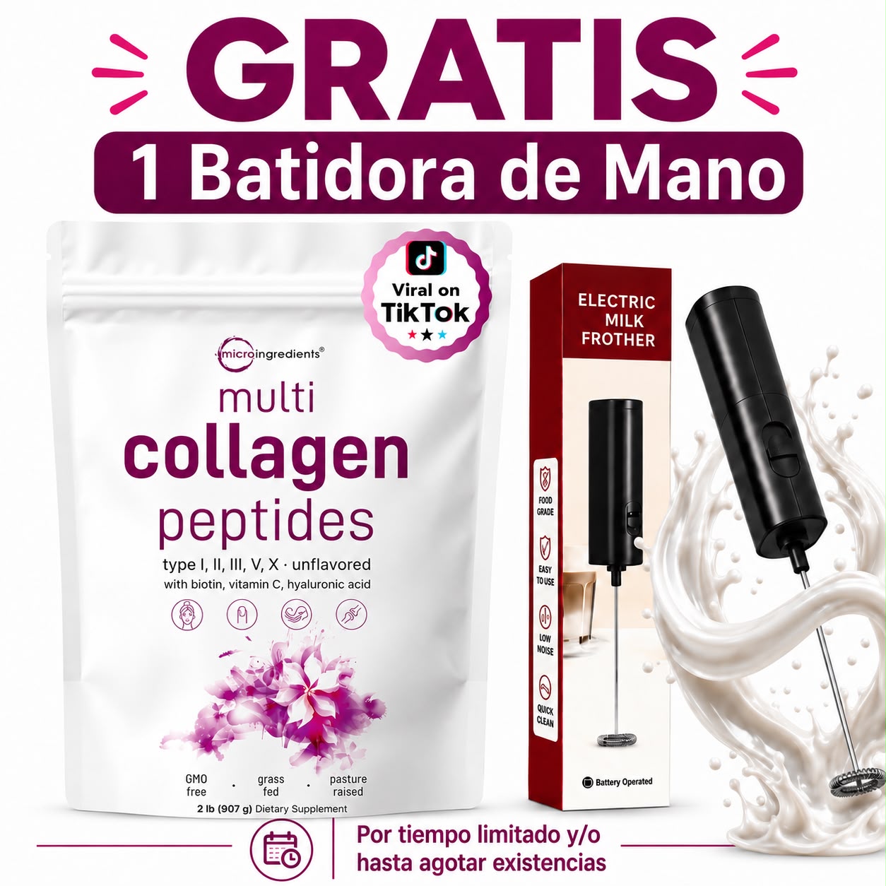 Colágeno en polvo Péptidos Hidrolizado MicroIngredients+ Batidora de mano GRATIS