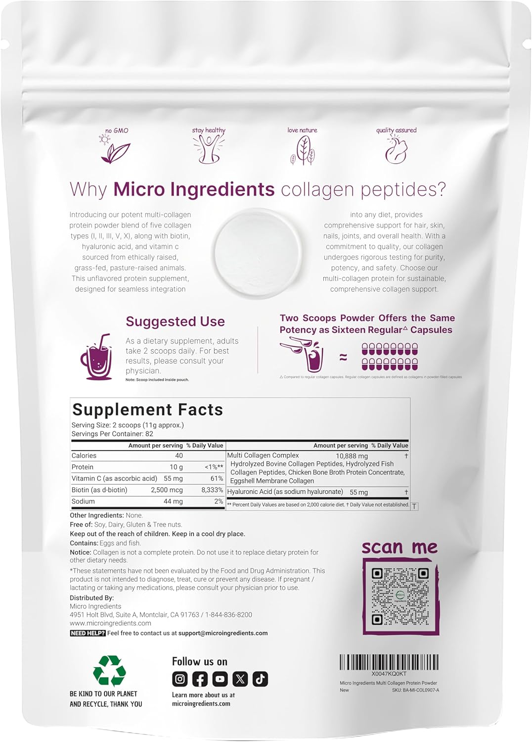 Colágeno en polvo Péptidos Hidrolizado MicroIngredients 1 o 2 LBS
